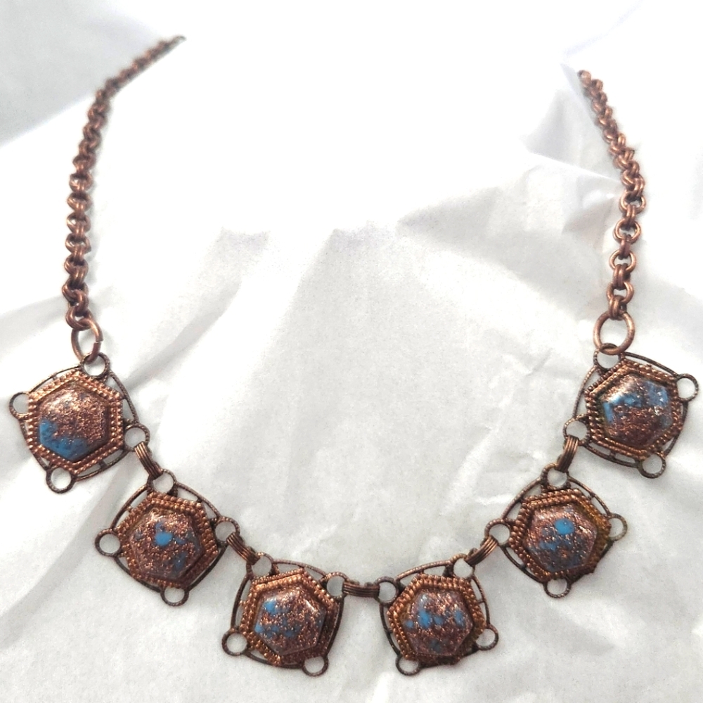 Vtg Mid Century Copper Filigree Confetti Lucite Collar Necklace Selro?